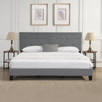 King Upholstered Platform Bed with Button Tufted Linen Headboard