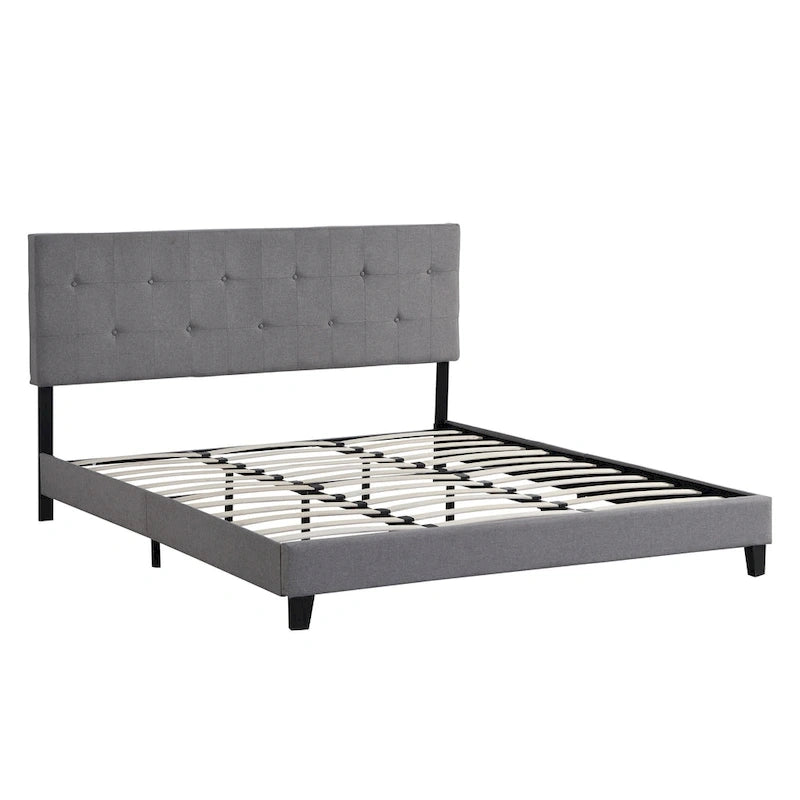 King Upholstered Platform Bed with Button Tufted Linen Headboard