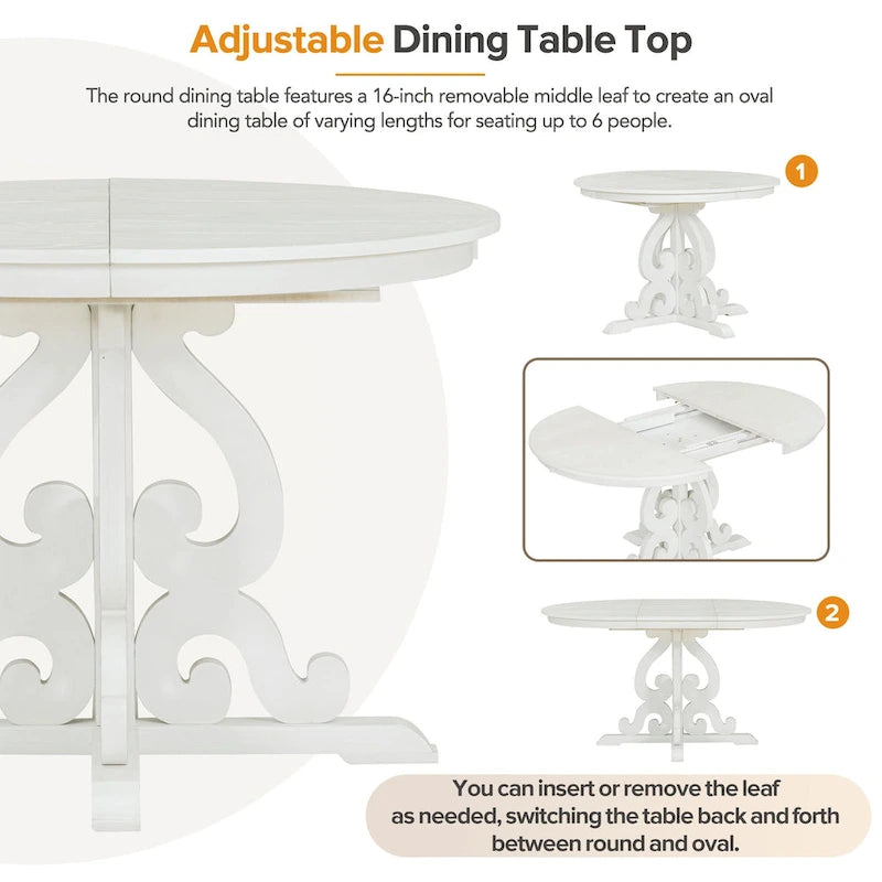 Antique White Retro 5-Piece Wooden Dining Table Set with Extendable Table & 4 Chairs