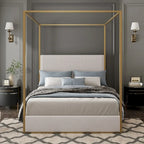 Modern Luxury Metal Canopy Bed with Tall Upholstered Headboard