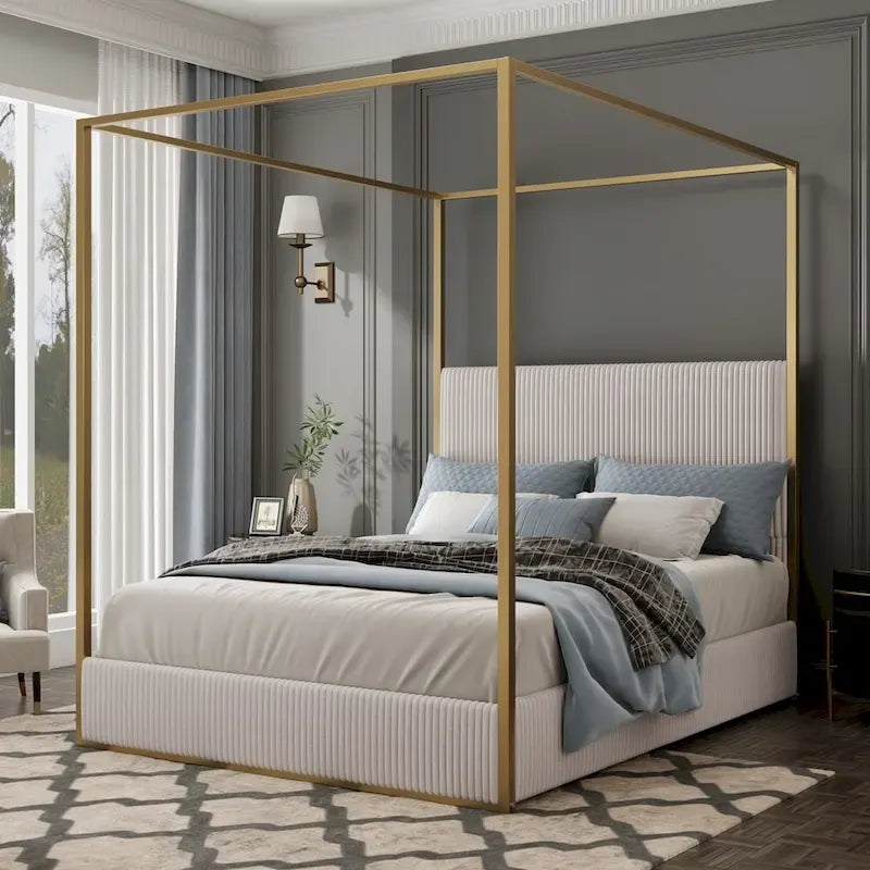Modern Luxury Metal Canopy Bed with Tall Upholstered Headboard
