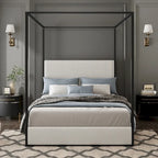 Modern Luxury Metal Canopy Bed with Tall Upholstered Headboard