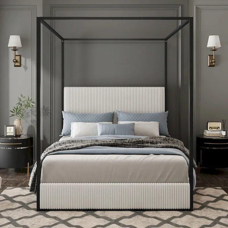 Modern Luxury Metal Canopy Bed with Tall Upholstered Headboard
