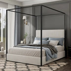 Modern Luxury Metal Canopy Bed with Tall Upholstered Headboard