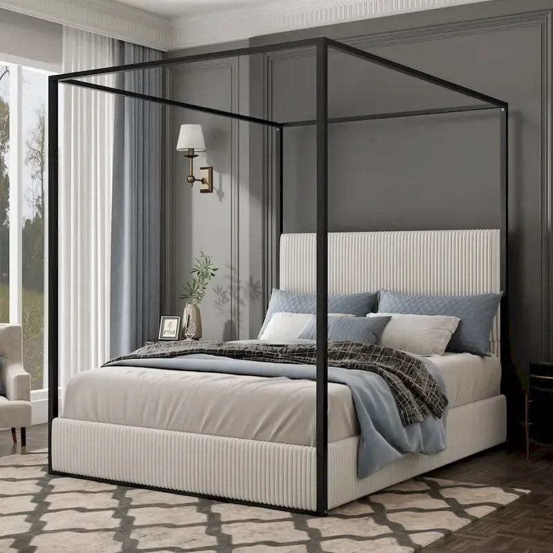 Modern Luxury Metal Canopy Bed with Tall Upholstered Headboard