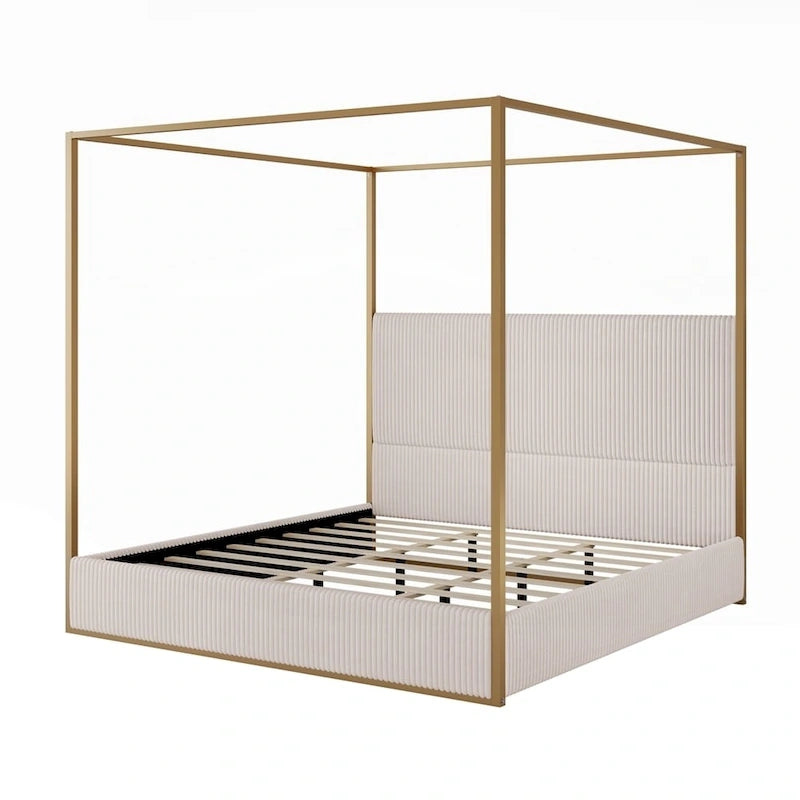 Modern Luxury Metal Canopy Bed with Tall Upholstered Headboard