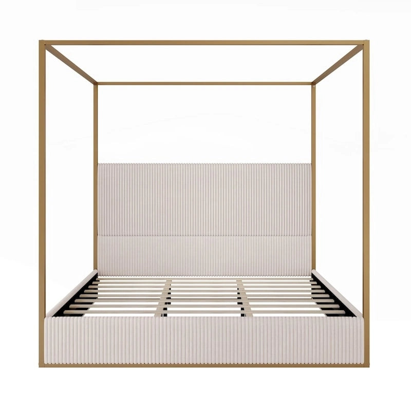 Modern Luxury Metal Canopy Bed with Tall Upholstered Headboard