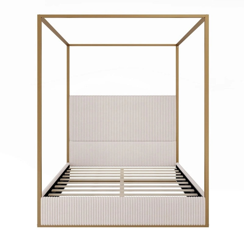 Modern Luxury Metal Canopy Bed with Tall Upholstered Headboard