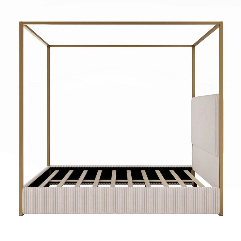 Modern Luxury Metal Canopy Bed with Tall Upholstered Headboard