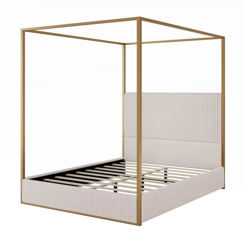 Modern Luxury Metal Canopy Bed with Tall Upholstered Headboard