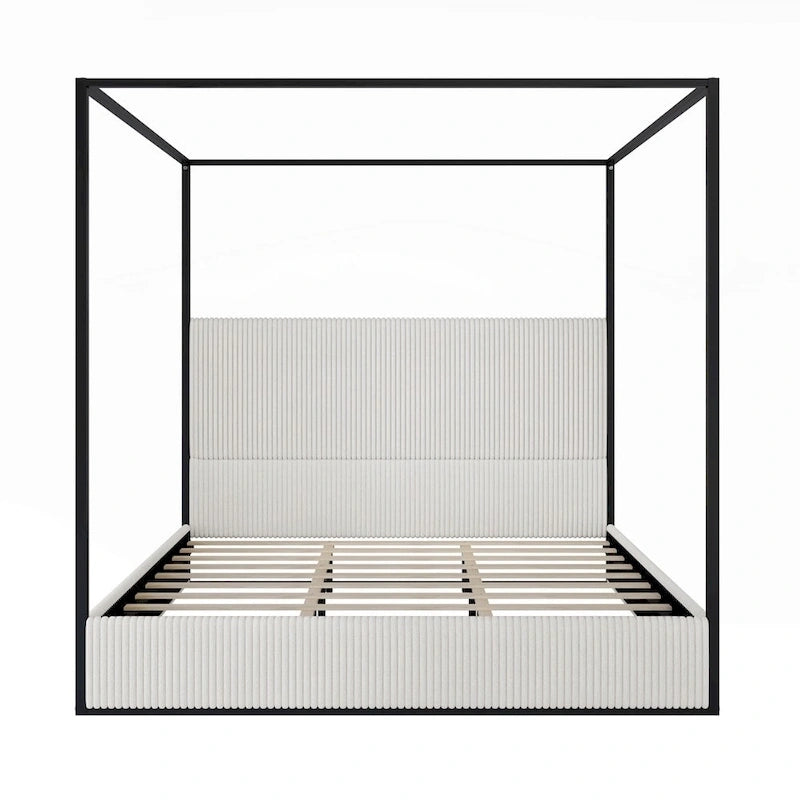 Modern Luxury Metal Canopy Bed with Tall Upholstered Headboard