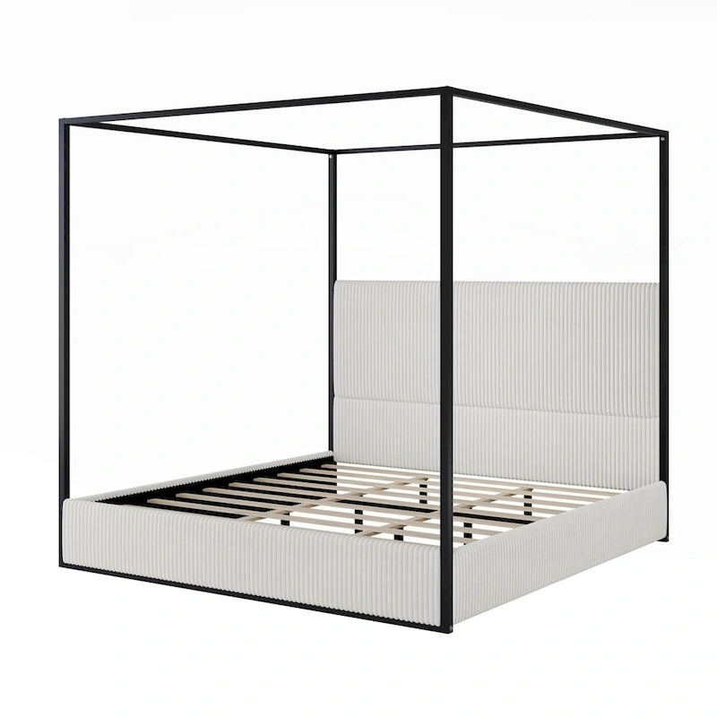 Modern Luxury Metal Canopy Bed with Tall Upholstered Headboard