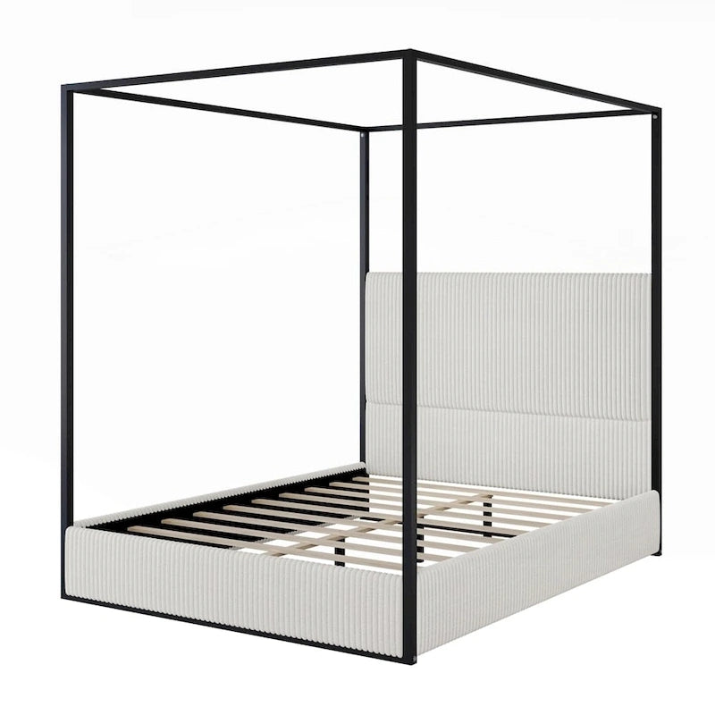 Modern Luxury Metal Canopy Bed with Tall Upholstered Headboard