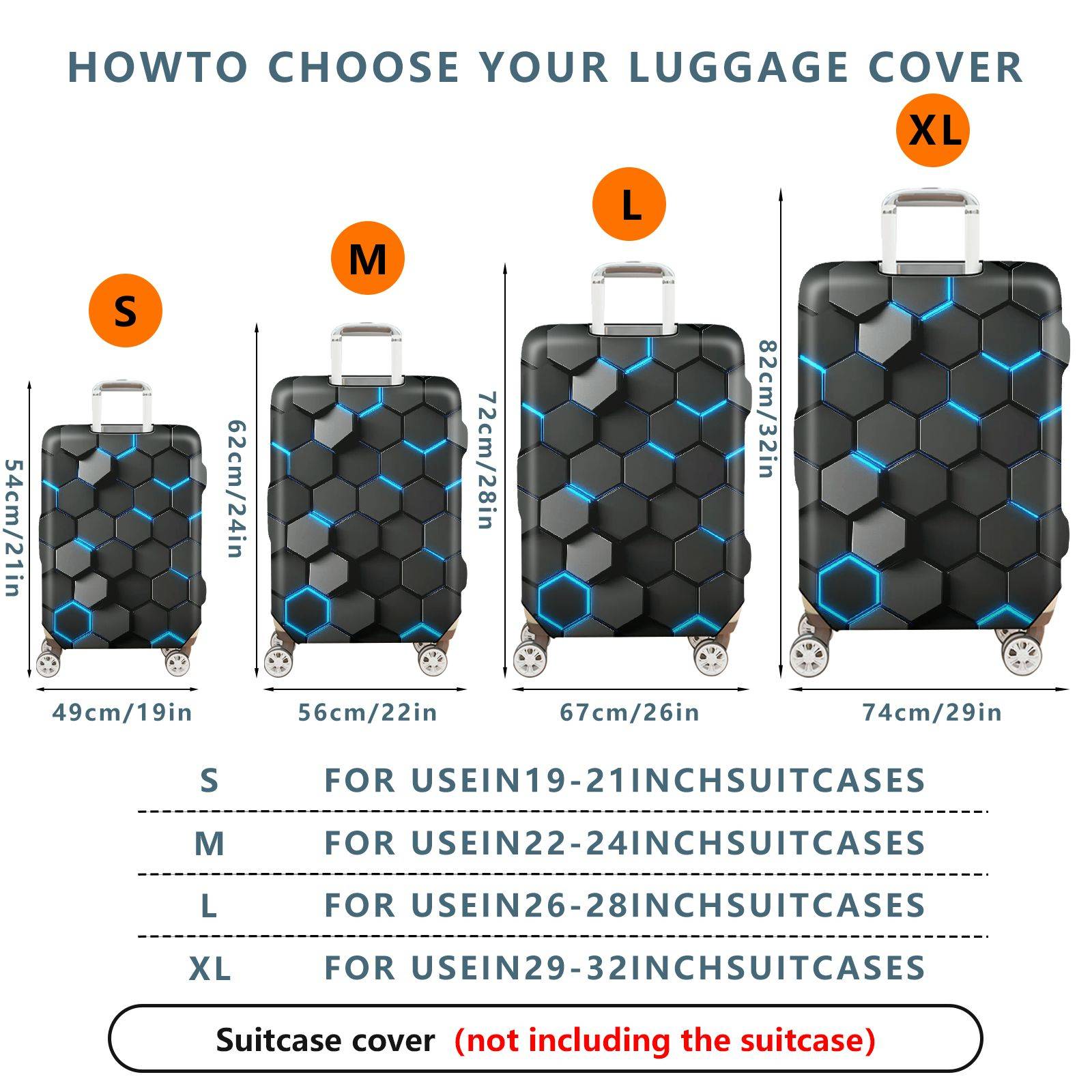 1-Piece Hexagon Blue  Geometric Futuristic Tech  Suitcase Luggage Cover, Stretch Protective Sleeve