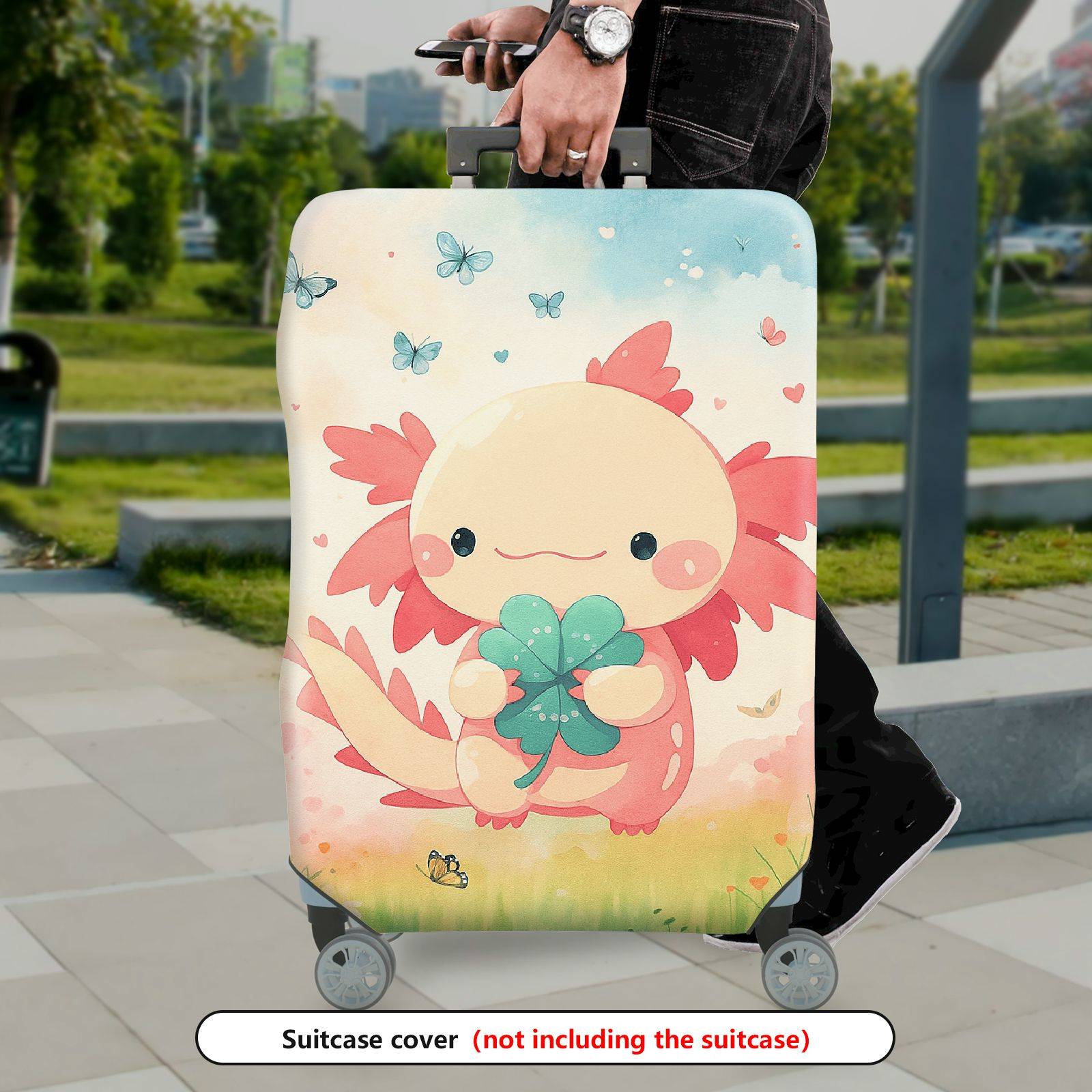 1-Piece Cute Axolotl Butterfly Floral Pink  Suitcase Luggage Cover, Stretch Protective Sleeve