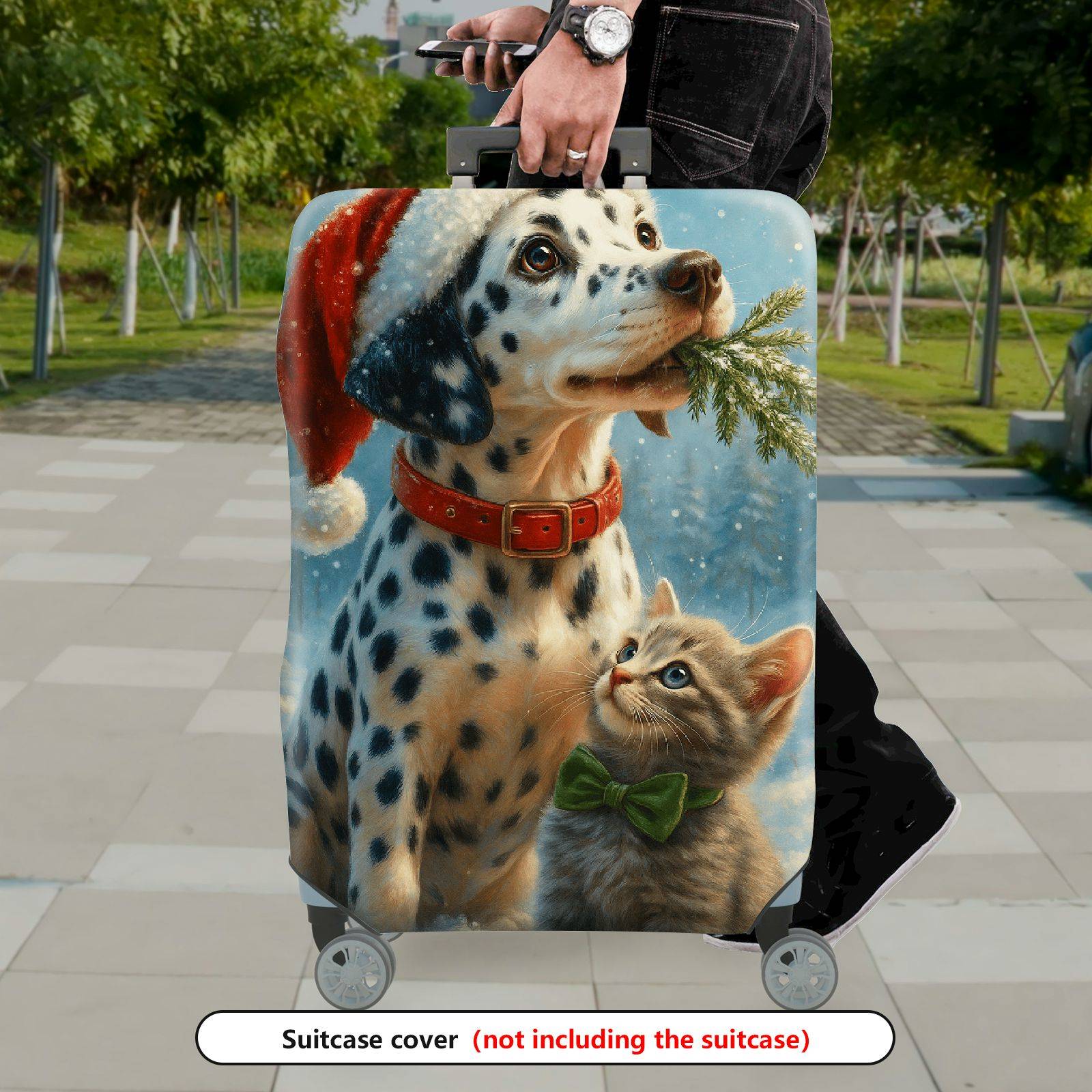 1-Piece Dalmatian Winter Cat Christmas Holiday Animal  Suitcase Luggage Cover, Stretch Protective Sleeve