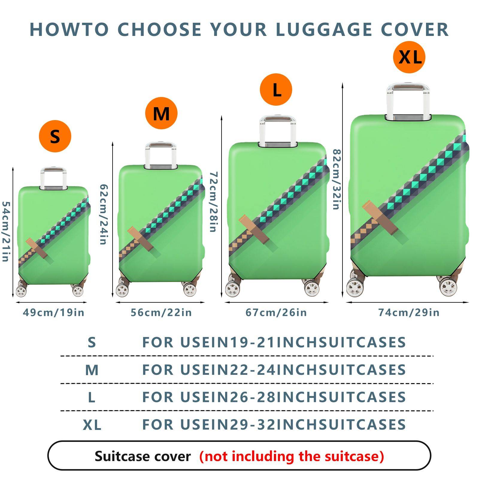 1-Piece Gaming Sword Pixel Art Green Block Geometric Fun  Suitcase Luggage Cover, Stretch Protective Sleeve