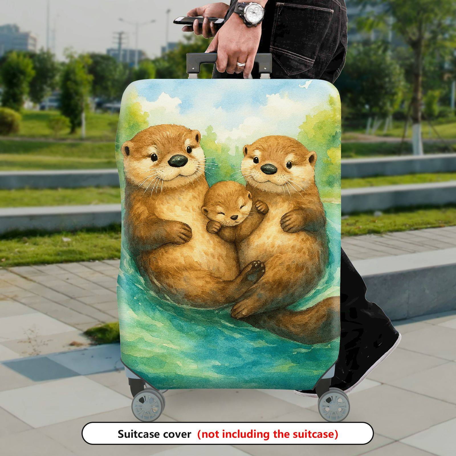 1-Piece Adorable Otter Watercolor Art  Nature Family  Suitcase Luggage Cover, Stretch Protective Sleeve