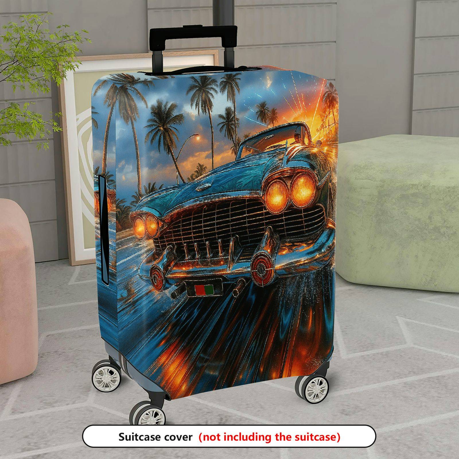1-Piece Vintage Car Tropical Palm Sunset Fireworks Artistic  Suitcase Luggage Cover, Stretch Protective Sleeve