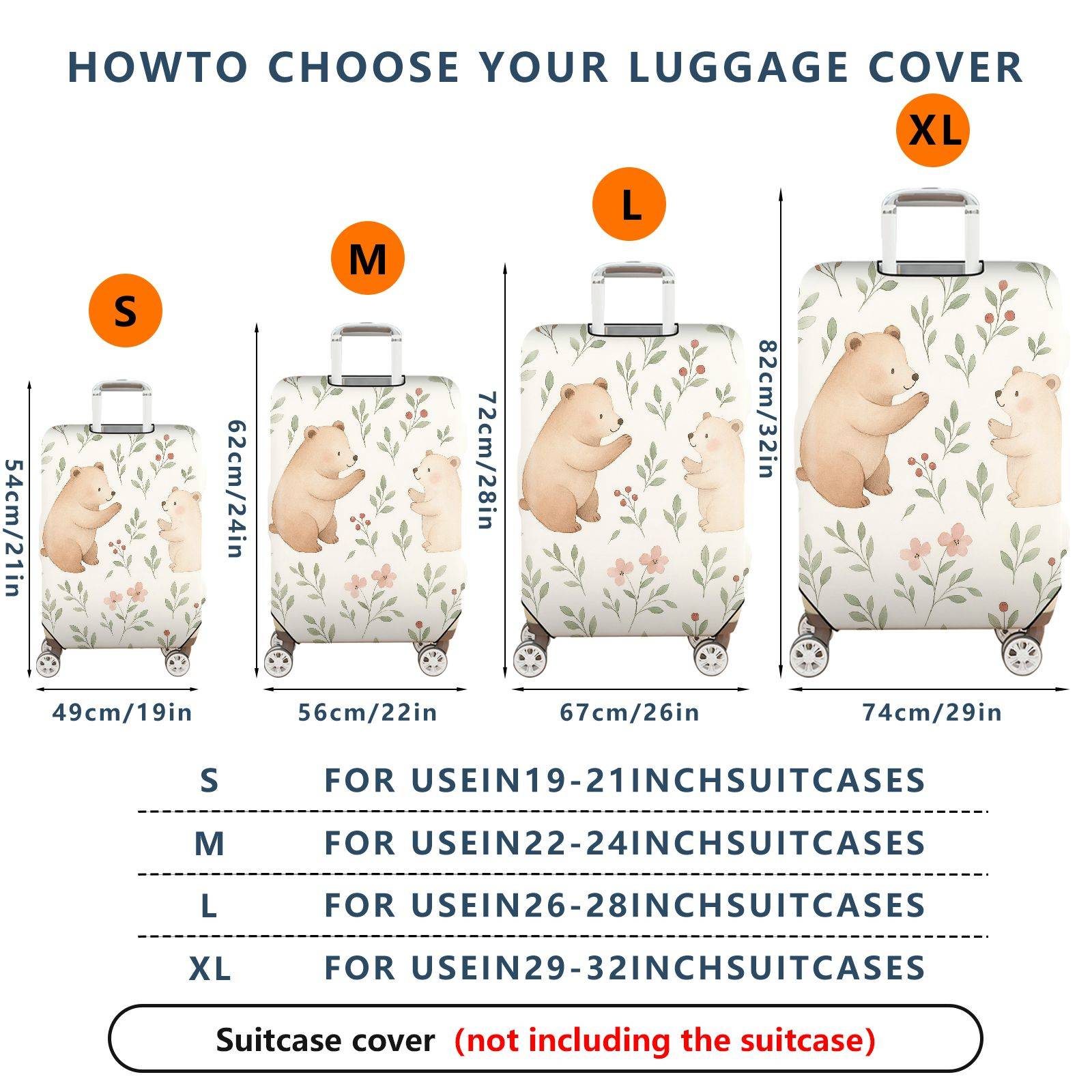 1-Piece Cute Bear Floral  Pattern  Suitcase Luggage Cover, Stretch Protective Sleeve