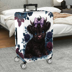 1-Piece Cute Black Highland Cow Floral Bow Travel  Suitcase Luggage Cover, Stretch Protective Sleeve