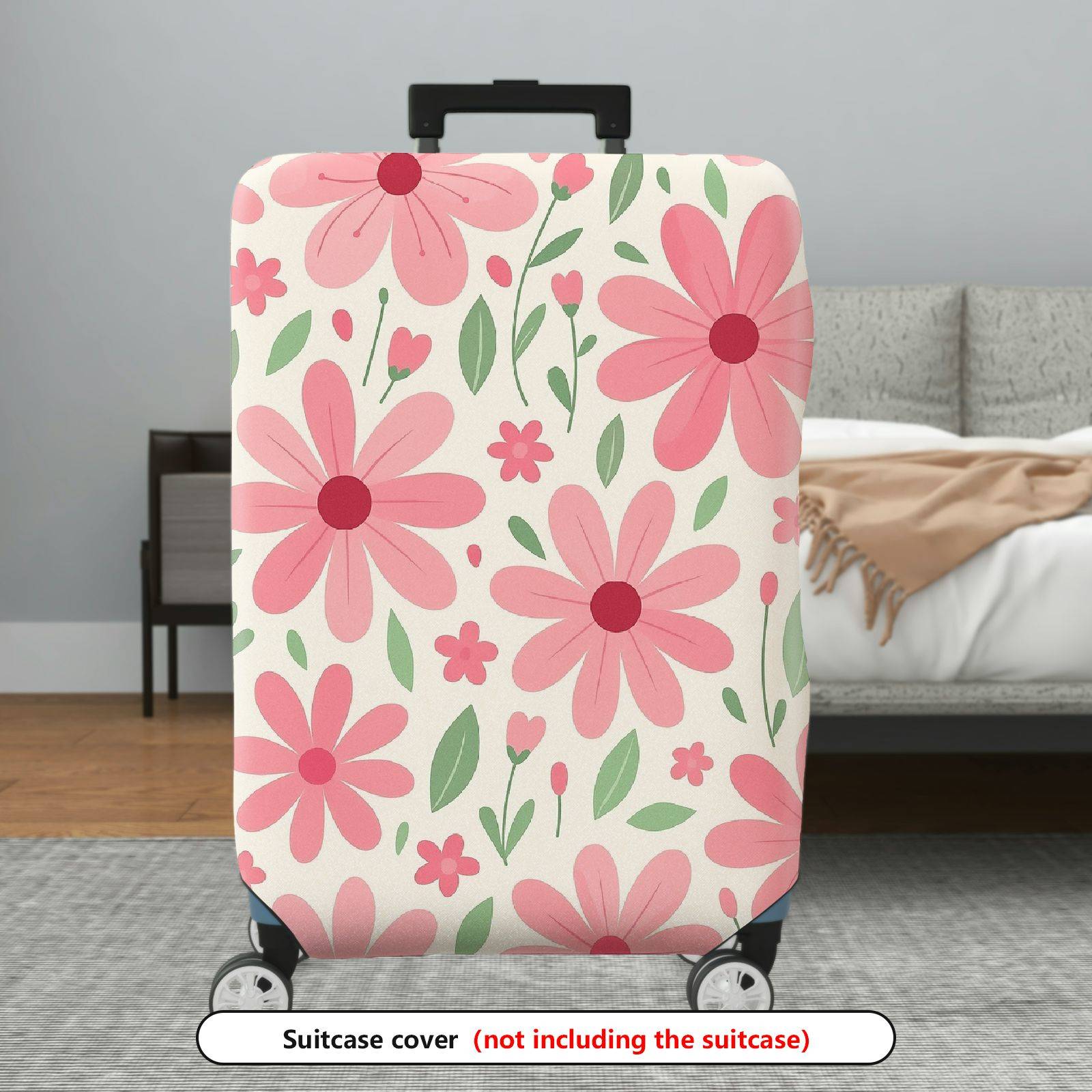 1-Piece Pink Floral Pattern Daisy Leaves Plant Spring  Suitcase Luggage Cover, Stretch Protective Sleeve