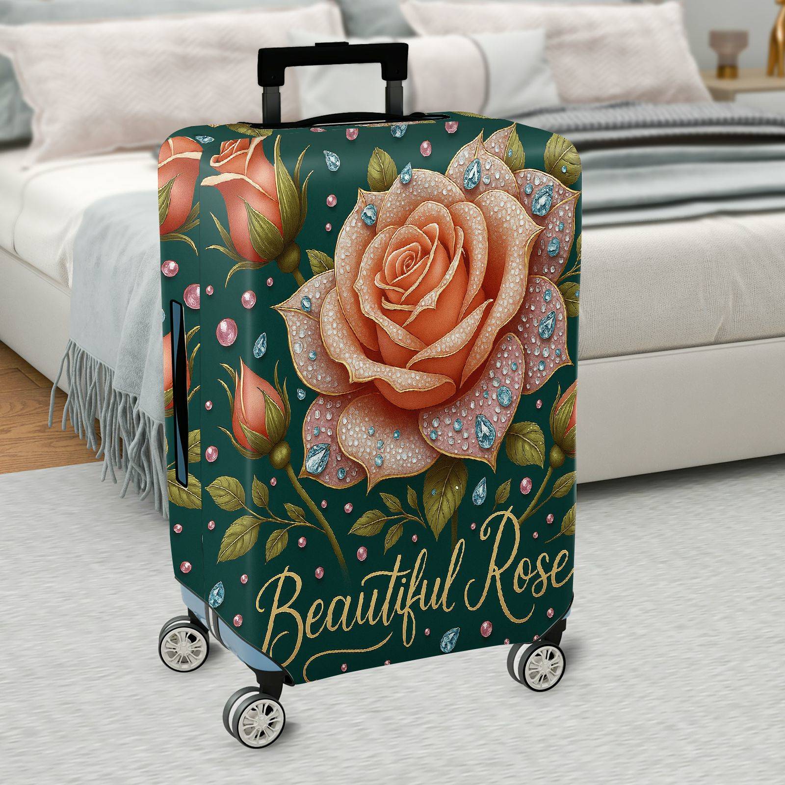 1-Piece Floral Rose Crystal Diamond Elegant Artistic  Suitcase Luggage Cover, Stretch Protective Sleeve