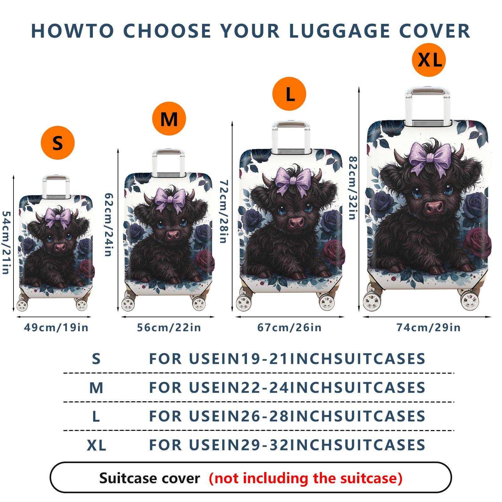 1-Piece Cute Black Highland Cow Floral Bow Travel  Suitcase Luggage Cover, Stretch Protective Sleeve