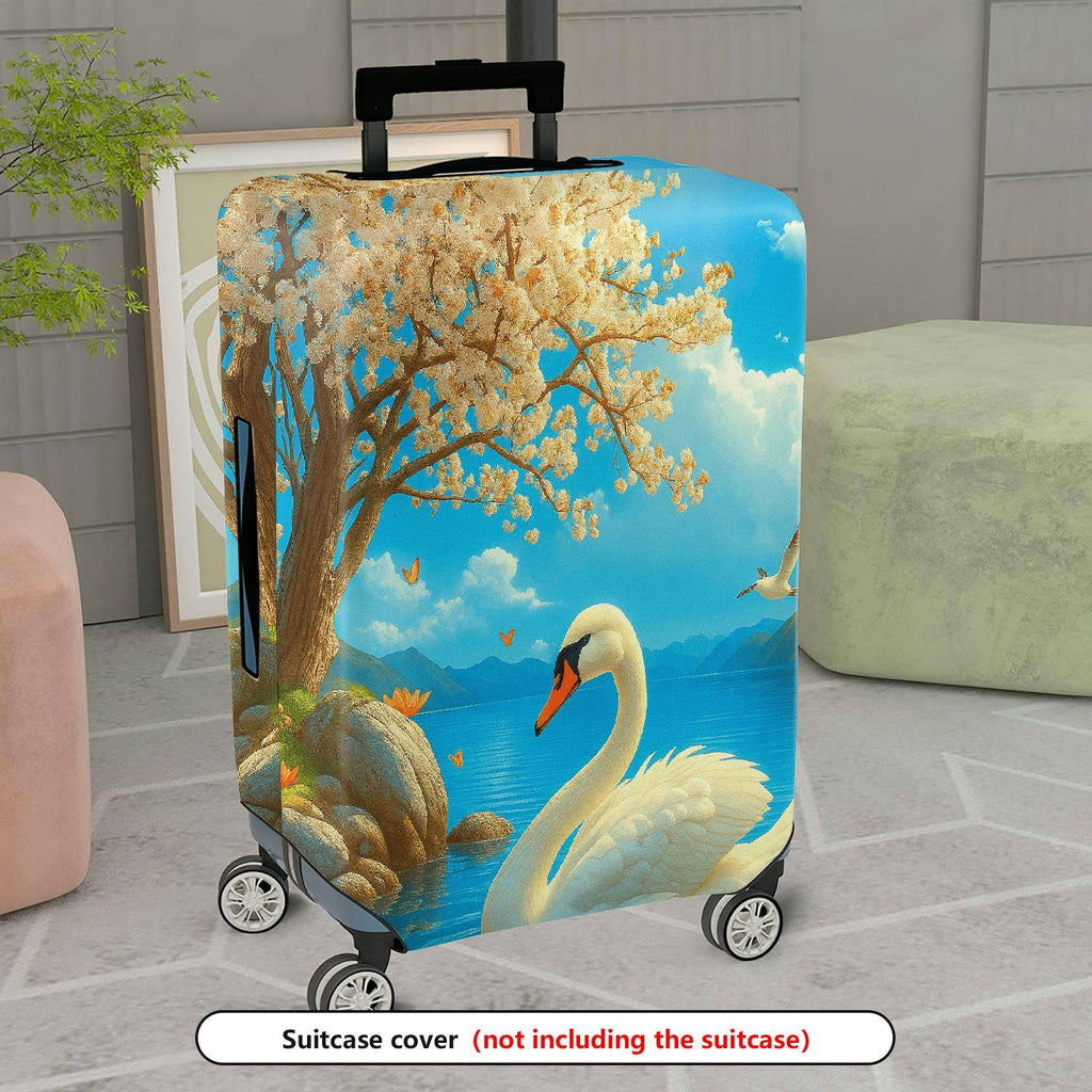 1-Piece Swan Scenic Floral Nature Blue Artistic  Suitcase Luggage Cover, Stretch Protective Sleeve