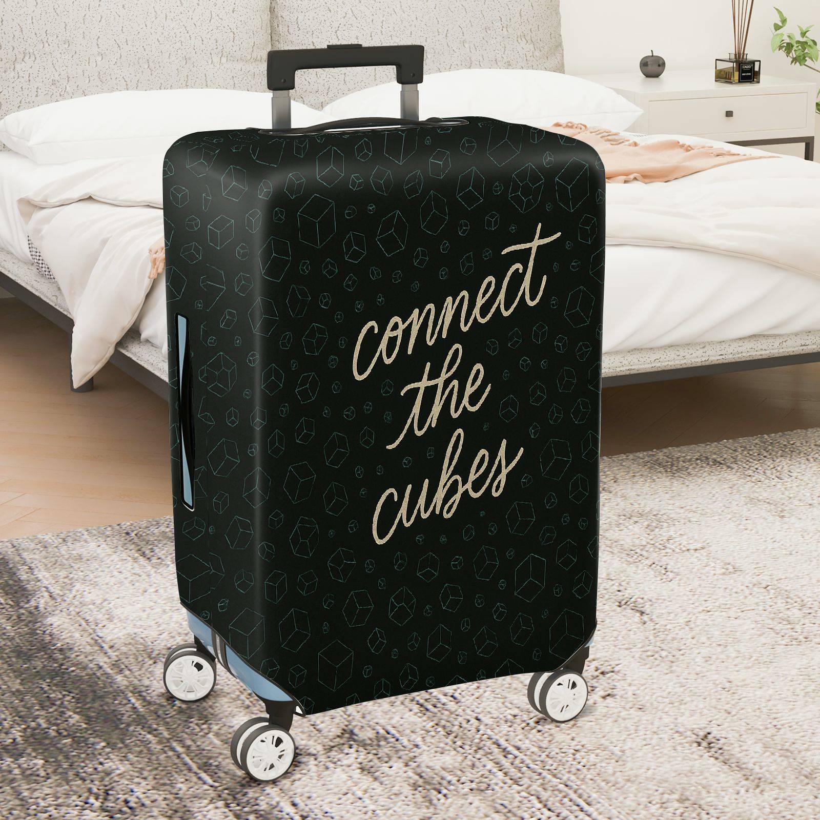 1-Piece Black Geometric Cube Pattern Connect Printed Text Inspirational  Suitcase Luggage Cover, Stretch Protective Sleeve