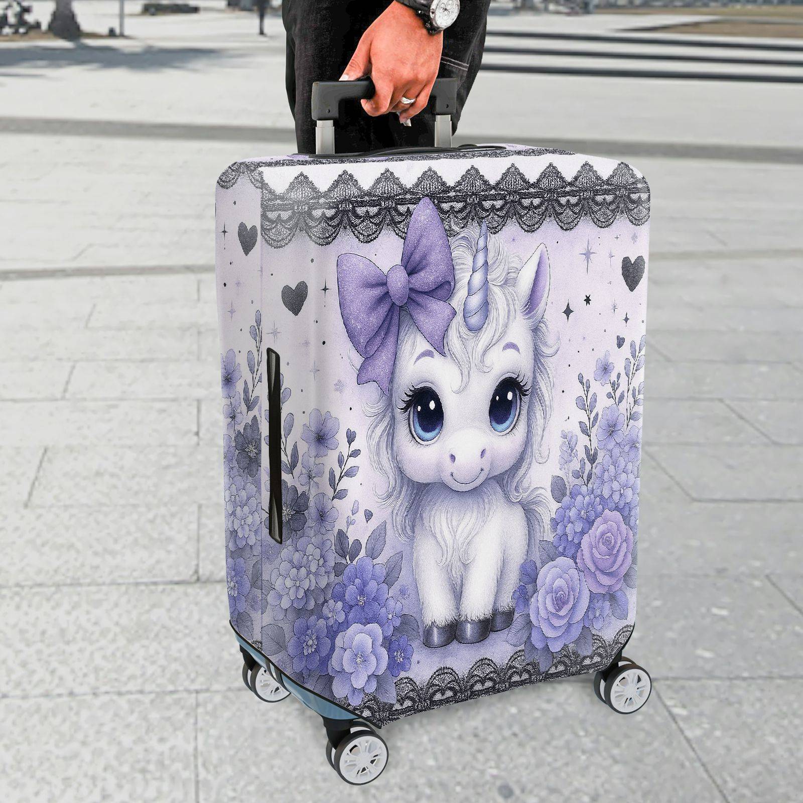 1-Piece Cute Pastel Unicorn Floral Lace Heart  Suitcase Luggage Cover, Stretch Protective Sleeve