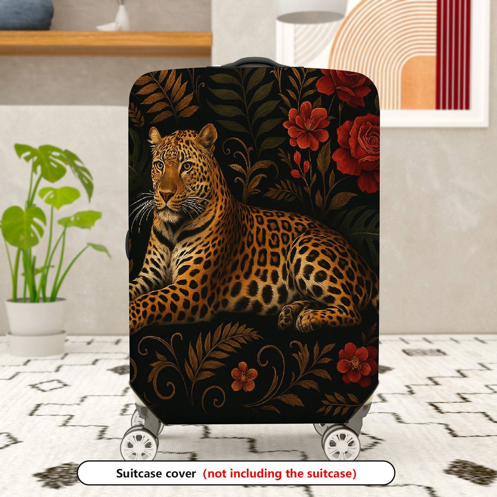 1-Piece Animal Floral Pattern Leopard Rose Leaf Art  Suitcase Luggage Cover, Stretch Protective Sleeve