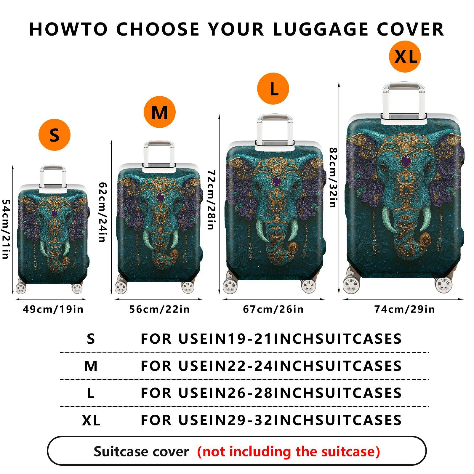 1-Piece Artistic Elephant Intricate Teal Gold Gem Animal  Suitcase Luggage Cover, Stretch Protective Sleeve