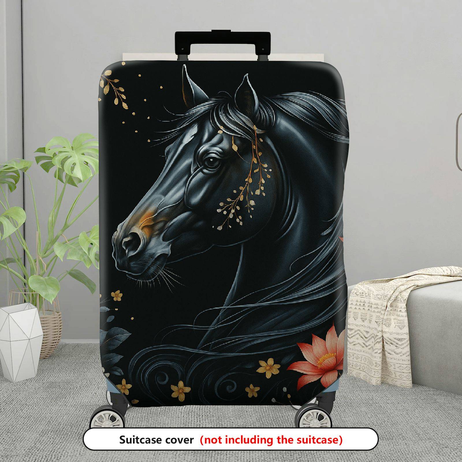 1-Piece Black Horse Floral Art  Suitcase Luggage Cover, Stretch Protective Sleeve