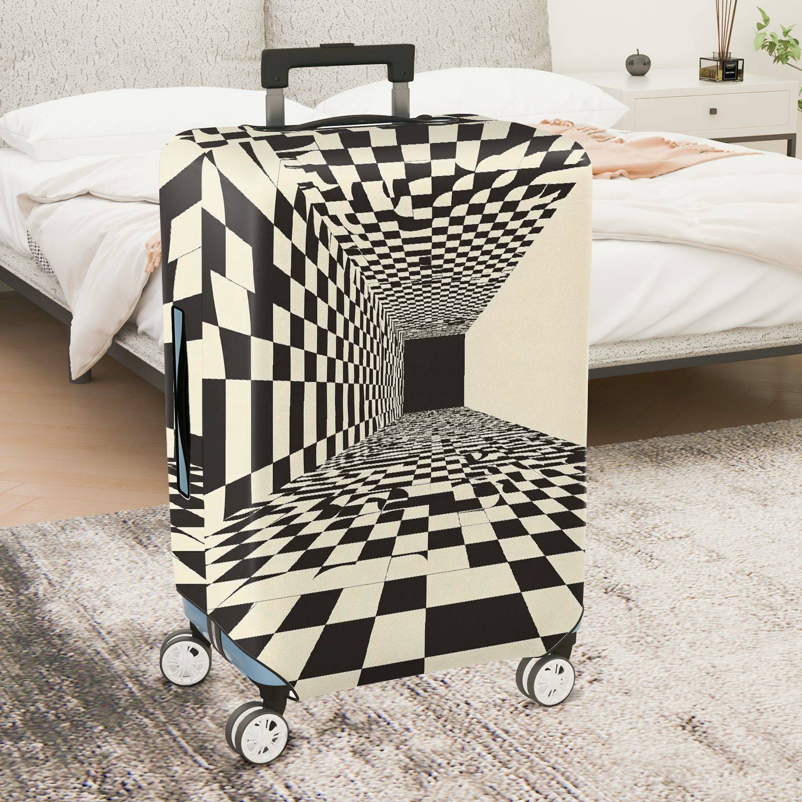 1-Piece Geometric Optical Illusion Black White Checkerboard Abstract  Suitcase Luggage Cover, Stretch Protective Sleeve