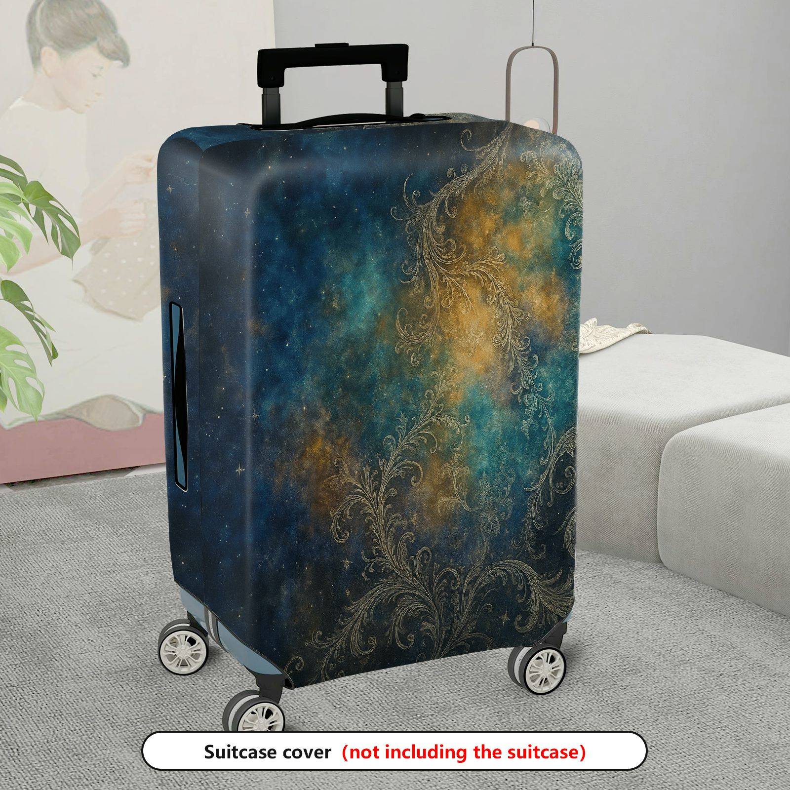 1-Piece Abstract Galaxy Blue Gold Ornate Elegant Universal  Suitcase Luggage Cover, Stretch Protective Sleeve