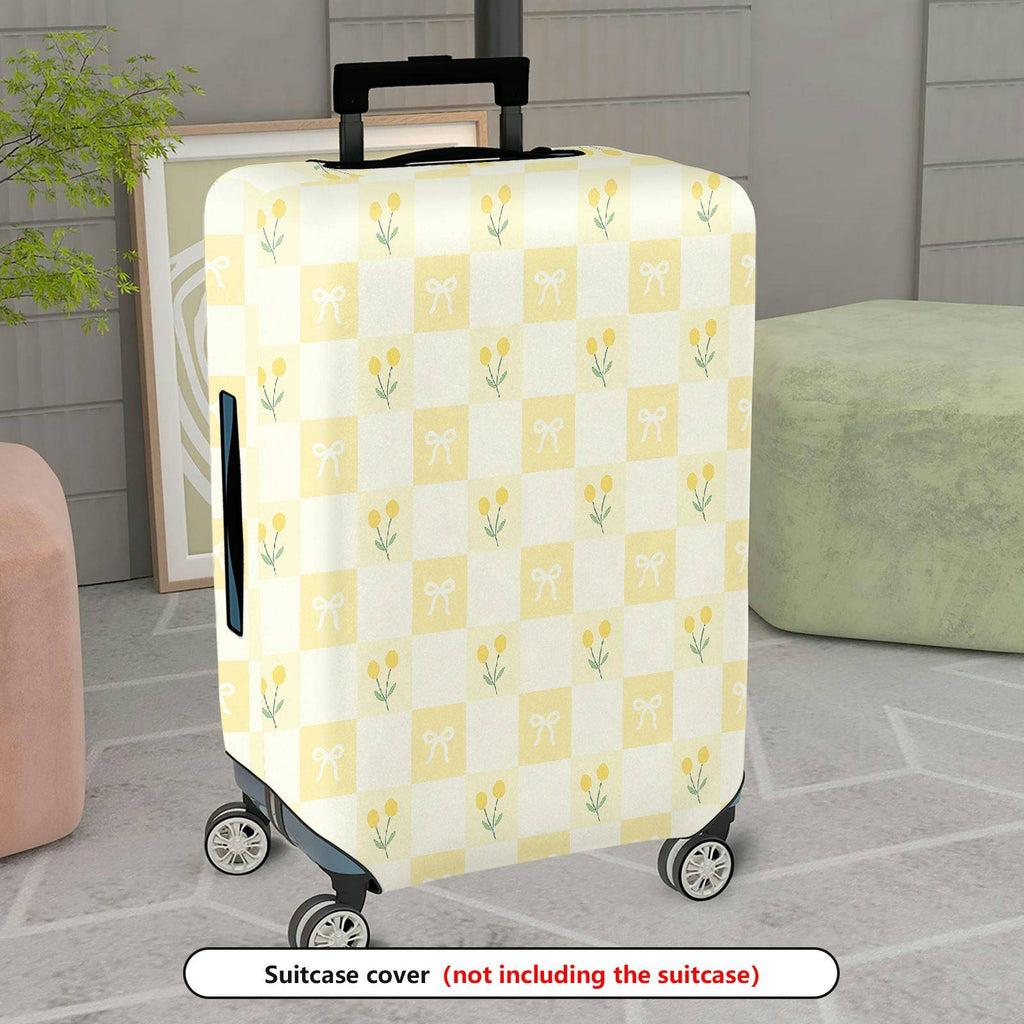 1-Piece Yellow Floral Checkered Bow Spring Pattern  Suitcase Luggage Cover, Stretch Protective Sleeve