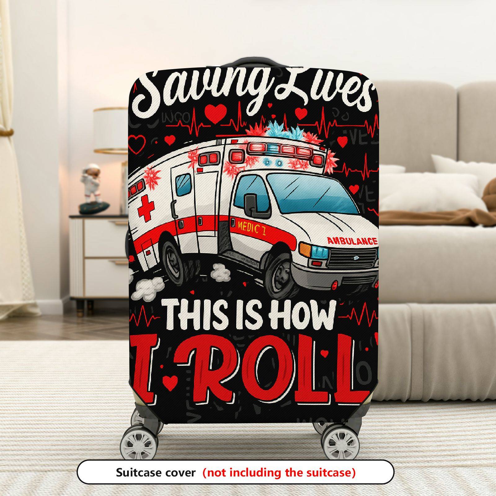1-Piece Ambulance Saving Lives Heart EKG Emergency Red  Suitcase Luggage Cover, Stretch Protective Sleeve
