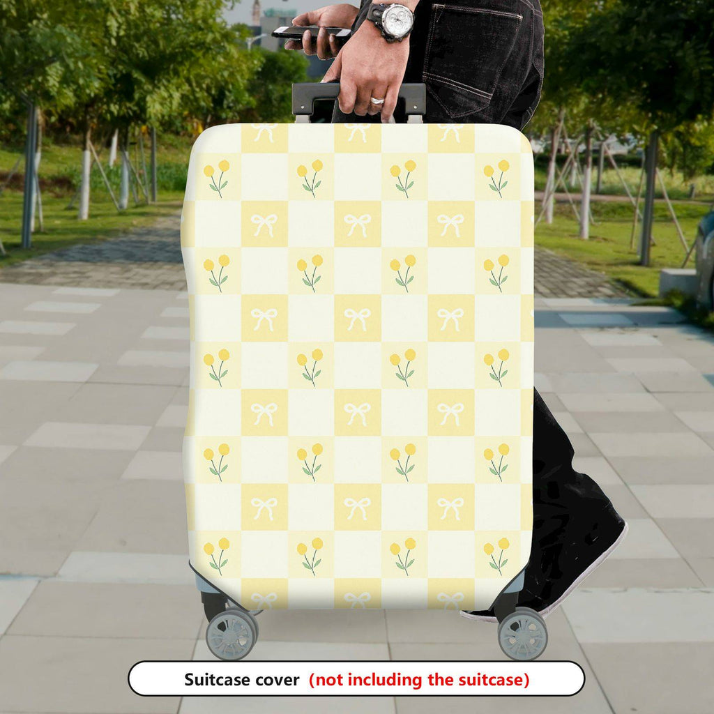 1-Piece Yellow Floral Checkered Bow Spring Pattern  Suitcase Luggage Cover, Stretch Protective Sleeve