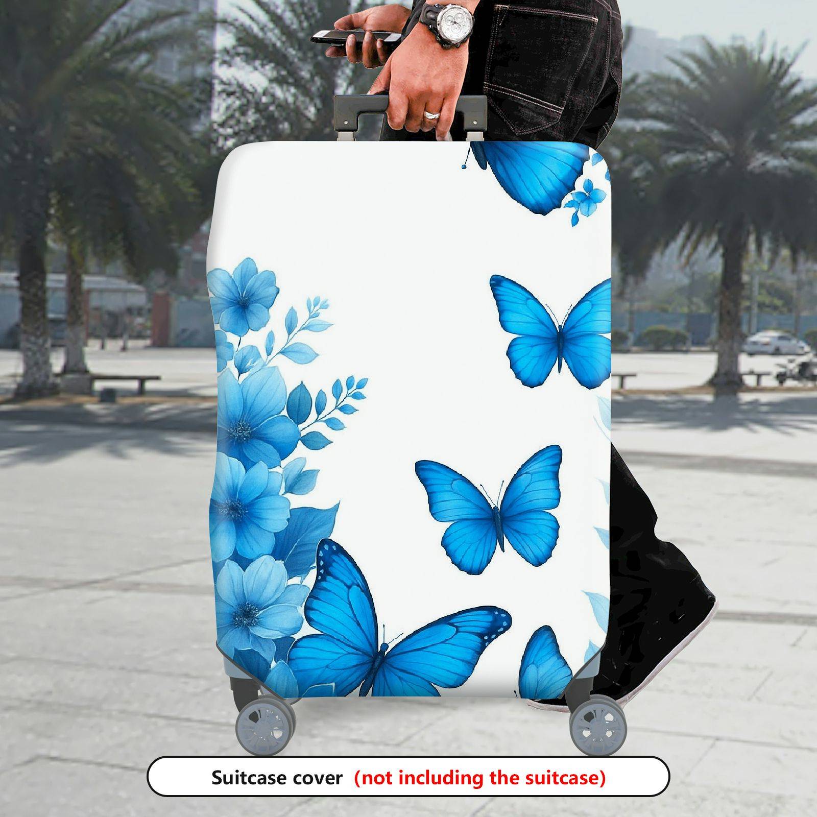 1-Piece Blue Butterfly Floral Nature Spring Summer Elegant  Suitcase Luggage Cover, Stretch Protective Sleeve