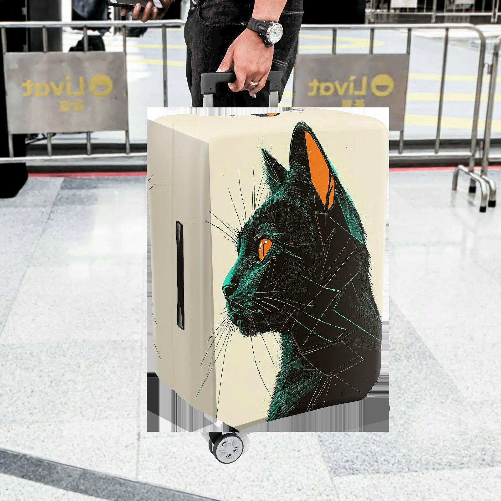 1-Piece Geometric Black Cat Art Pattern Animal Feline Creative  Suitcase Luggage Cover, Stretch Protective Sleeve