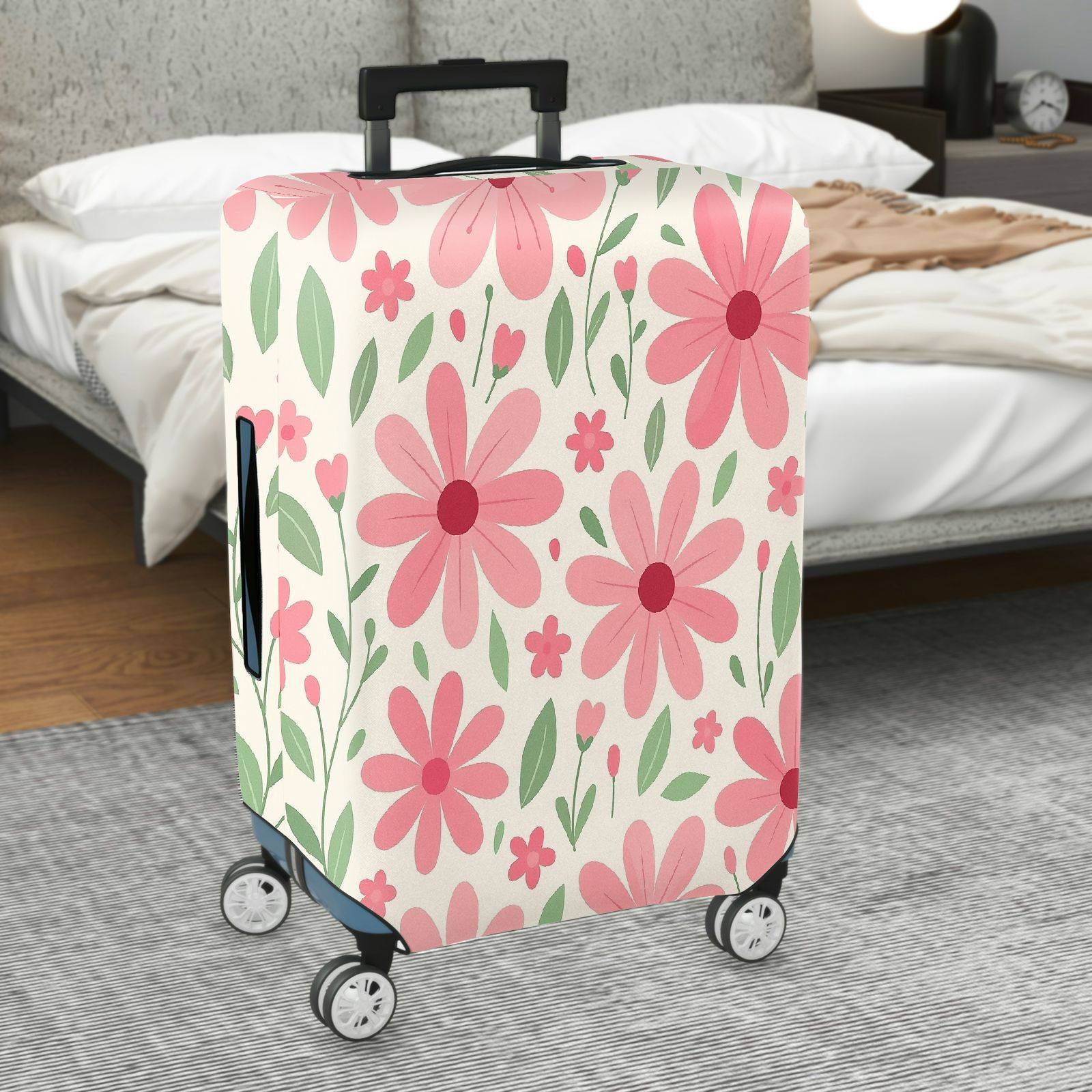 1-Piece Pink Floral Pattern Daisy Leaves Plant Spring  Suitcase Luggage Cover, Stretch Protective Sleeve