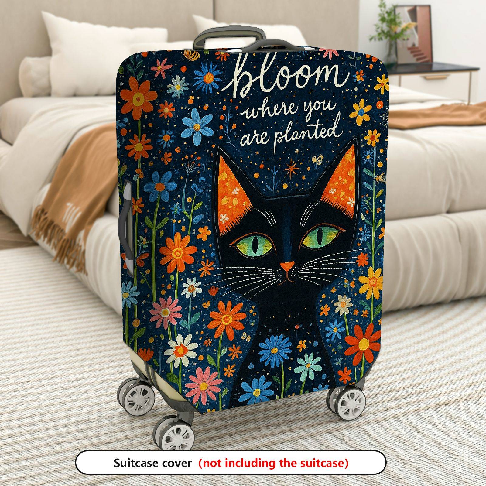 1-Piece Artistic Floral Cat Starry Night Inspirational Text  Suitcase Luggage Cover, Stretch Protective Sleeve