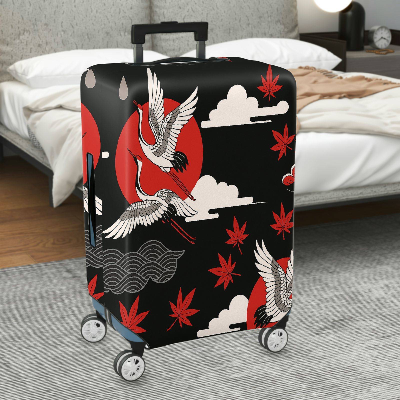 1-Piece Crane Red Sun Cloud Maple Leaves Wave  Suitcase Luggage Cover, Stretch Protective Sleeve