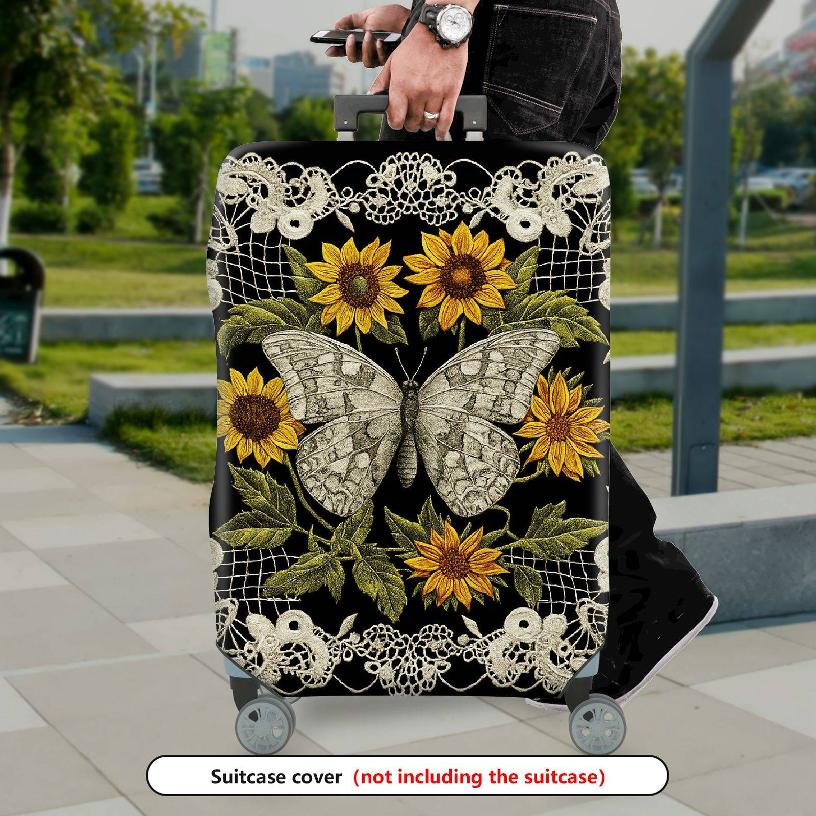 1-Piece Floral Butterfly Lace Sunflower Vintage Chic Elegant Artistic  Suitcase Luggage Cover, Stretch Protective Sleeve