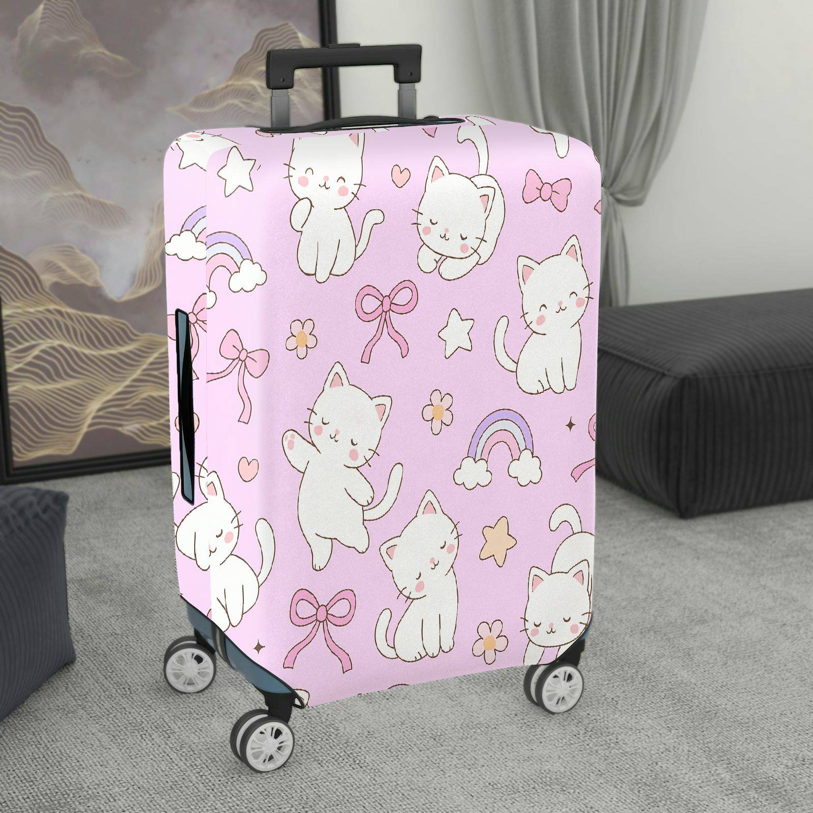 1-Piece Cute Cat Rainbow Star Bow Flower  Suitcase Luggage Cover, Stretch Protective Sleeve