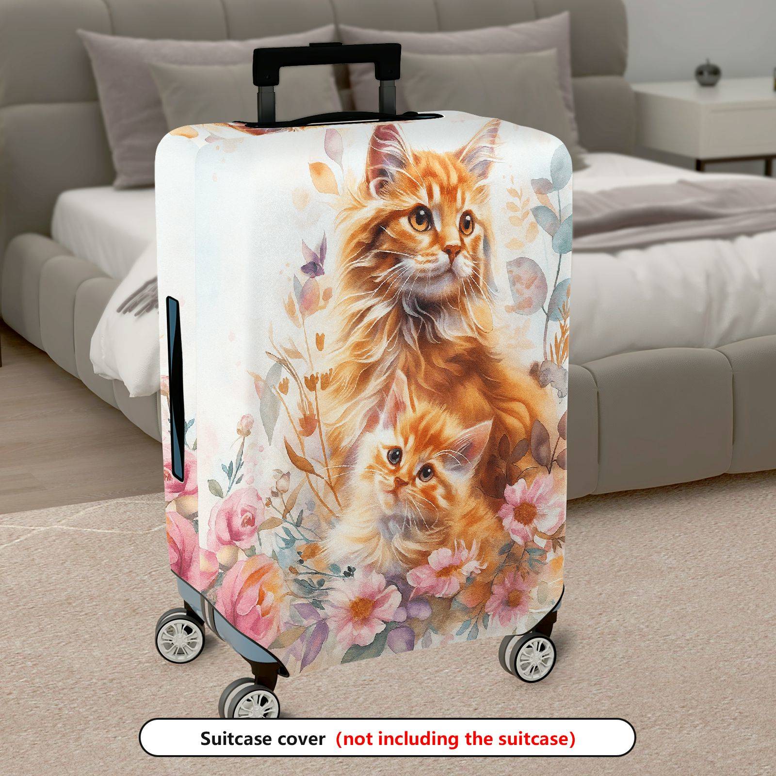 1-Piece Floral Cute Cat Artistic Nature Animal Print  Suitcase Luggage Cover, Stretch Protective Sleeve