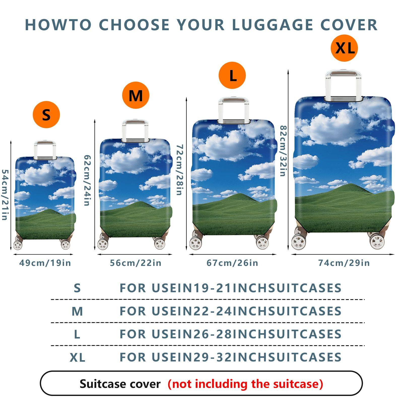 1-Piece Sky Blue Green Landscape Clouds Nature Hills  Suitcase Luggage Cover, Stretch Protective Sleeve