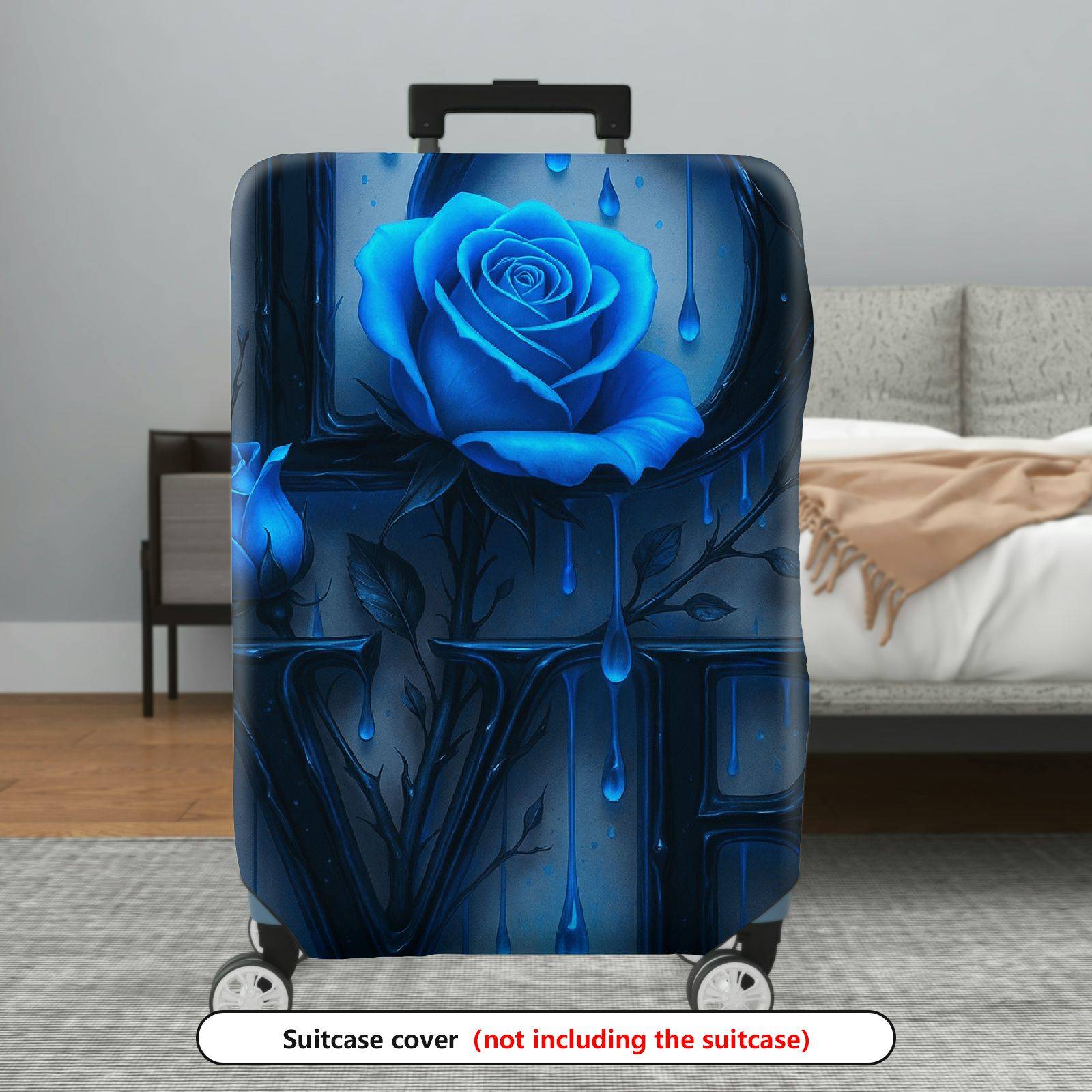 1-Piece Blue Rose Love Floral Art Pattern Letter  Suitcase Luggage Cover, Stretch Protective Sleeve