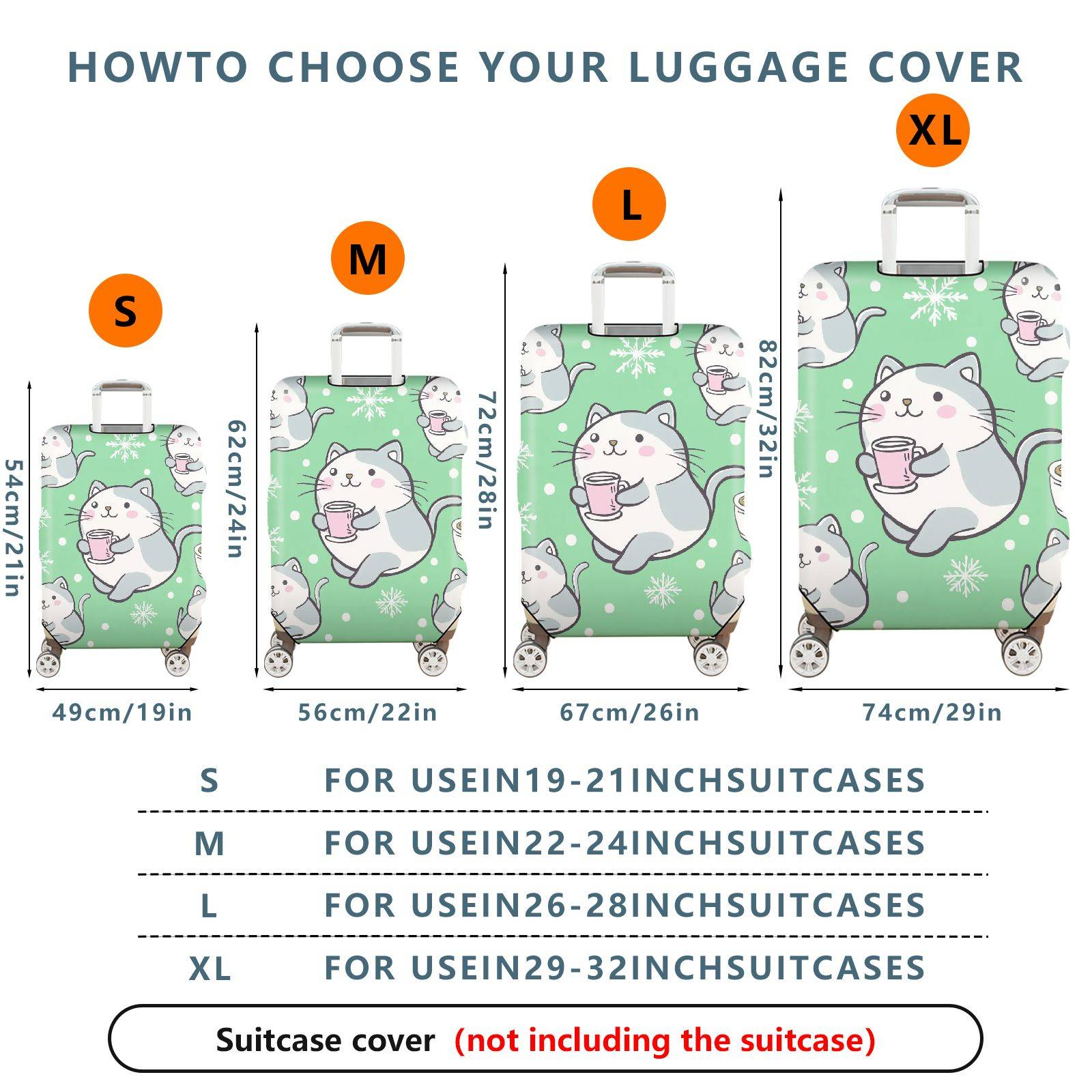 1-Piece Cute Cat Snowflake Coffee Winter Holiday  Suitcase Luggage Cover, Stretch Protective Sleeve